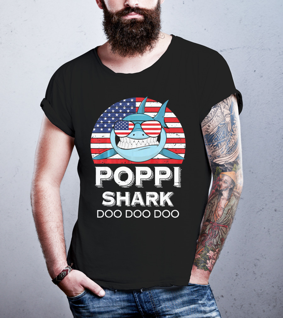 Poppi Shark Doo Doo Doo American Flag Sunglasses T-Shirt