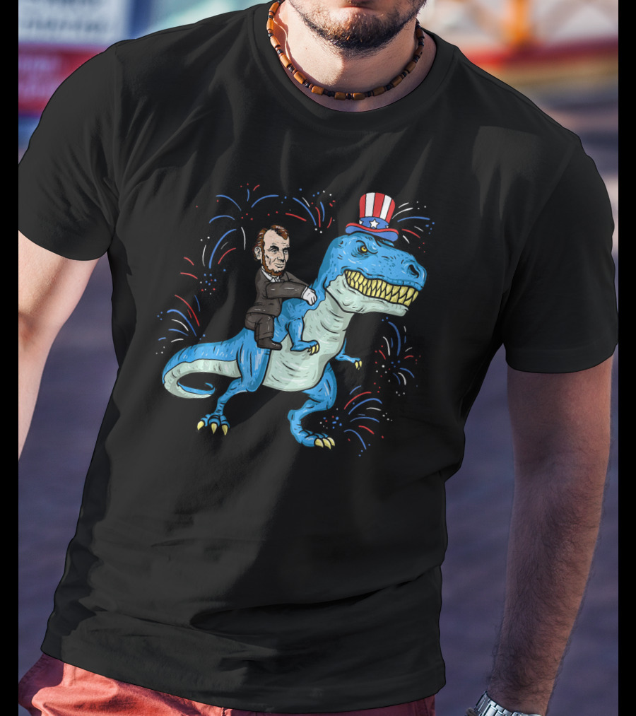 Abe Lincoln Patriotic Dinosaur Riding Fireworks Hat T-Shirt