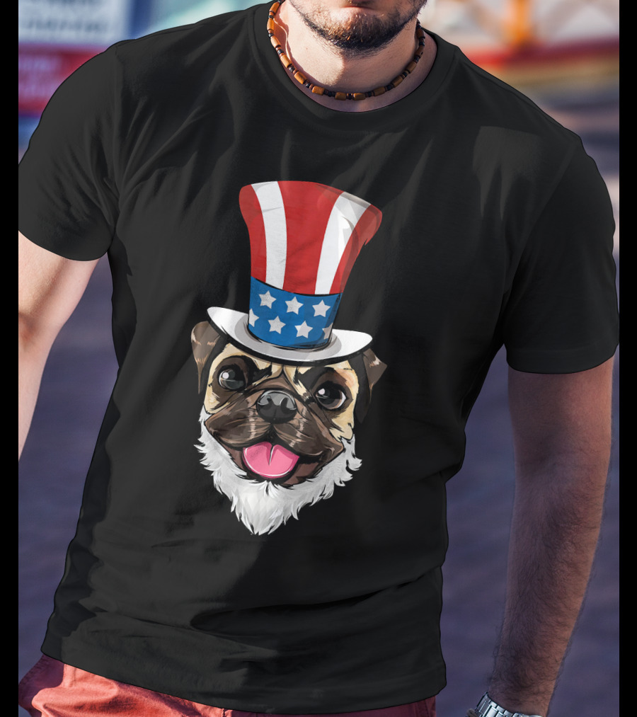 Pug Dog Wearing Uncle Sam Hat And Lincoln Beard T-Shirt