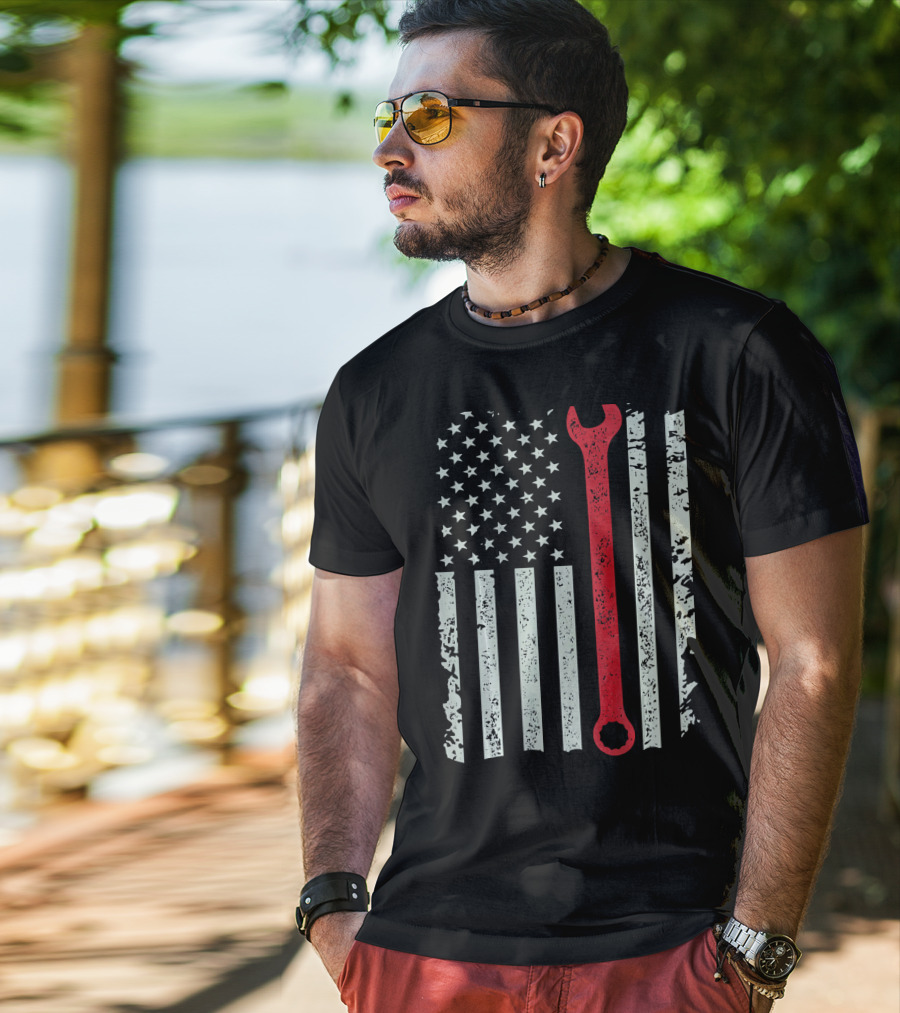 American Flag With Red Mechanic Wrench T-Shirt