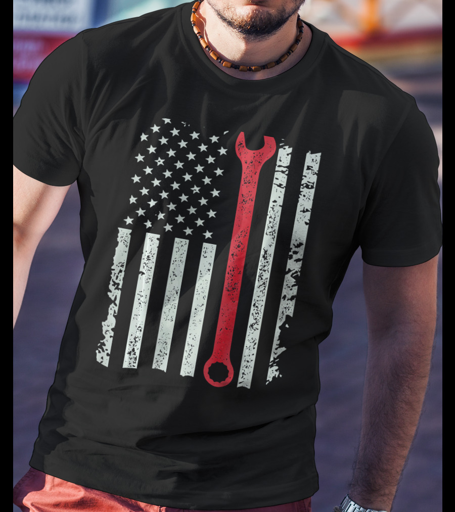 American Flag With Red Mechanic Wrench T-Shirt
