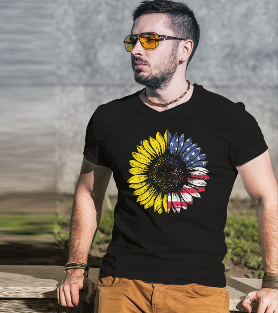 Sunflower With American Flag Stars And Stripes Patriotic T-Shirt