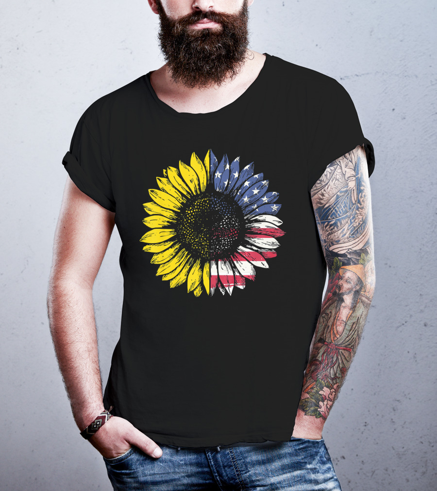 Sunflower With American Flag Stars And Stripes Patriotic T-Shirt