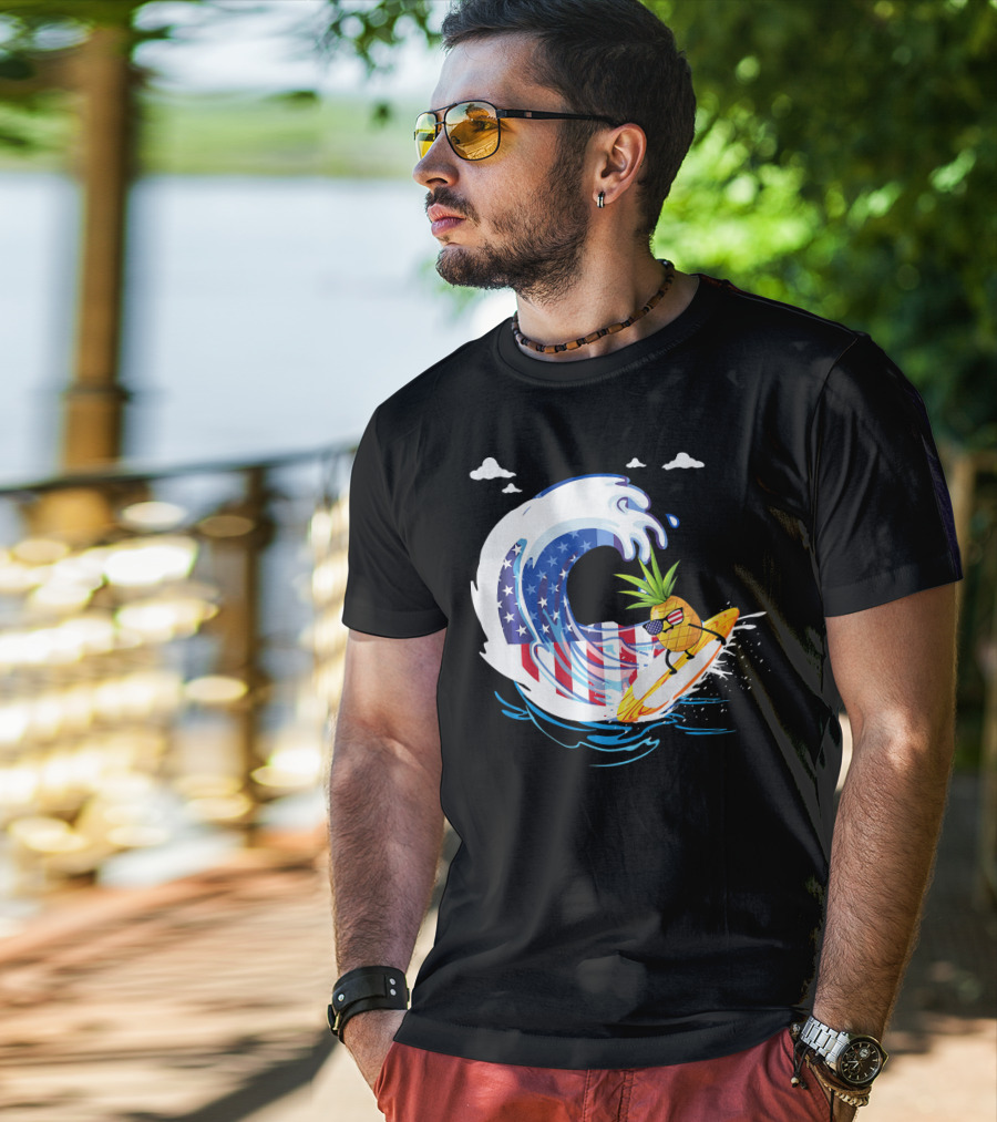 Pineapple Surfing American Flag Wave Hawaiian T-Shirt