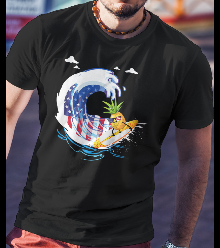 Pineapple Surfing American Flag Wave Hawaiian T-Shirt