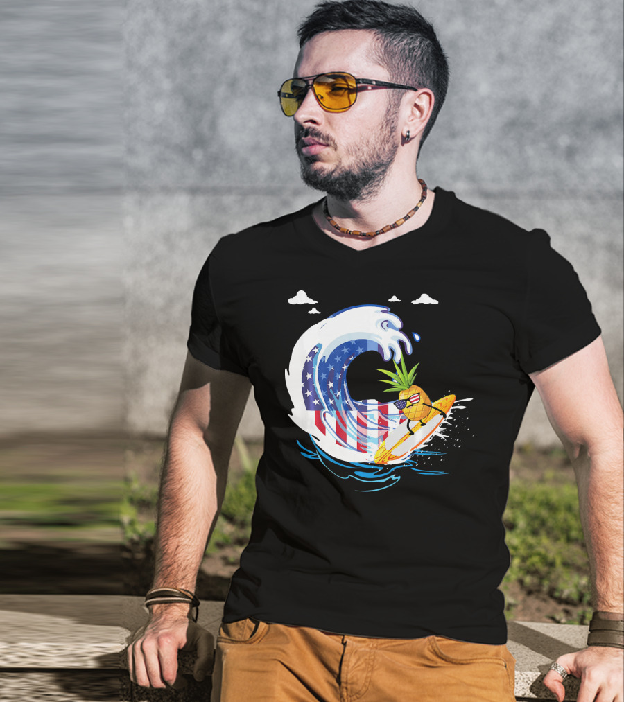 Pineapple Surfing American Flag Wave Hawaiian T-Shirt