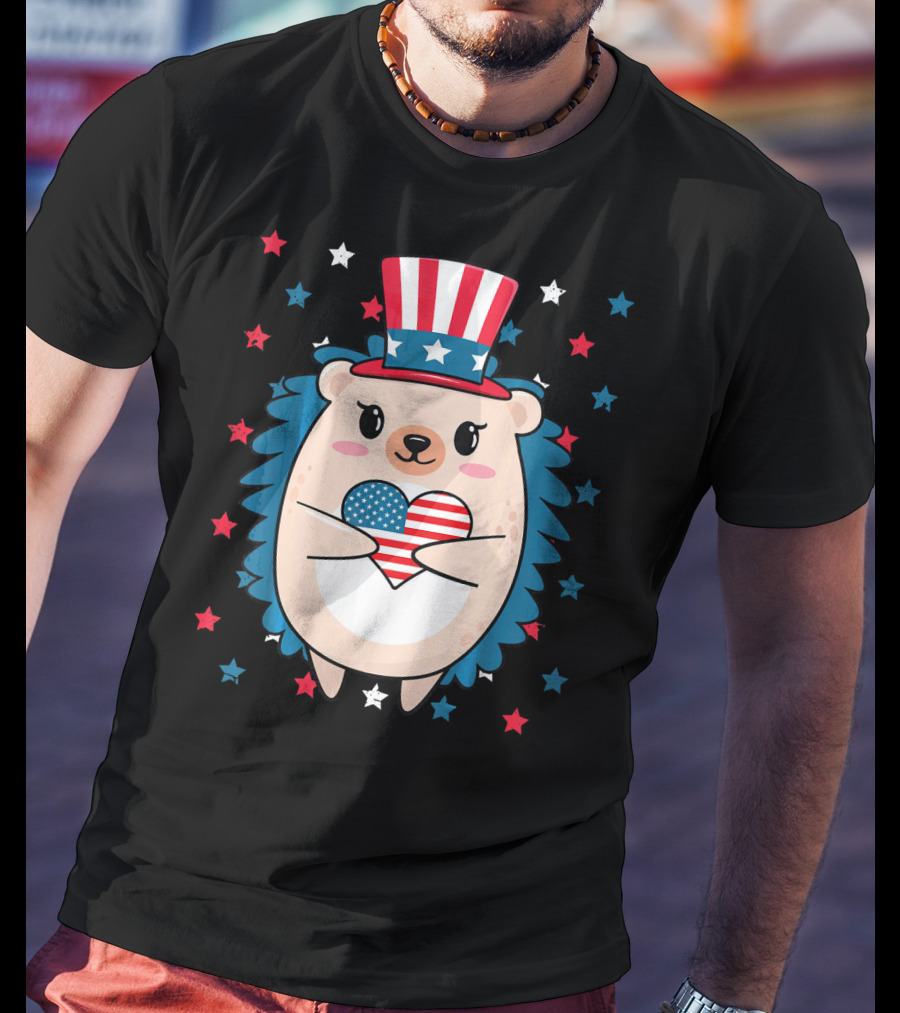 Hedgehog Patriotic Stars Uncle Sam Hat Holding USA Flag Heart T-Shirt