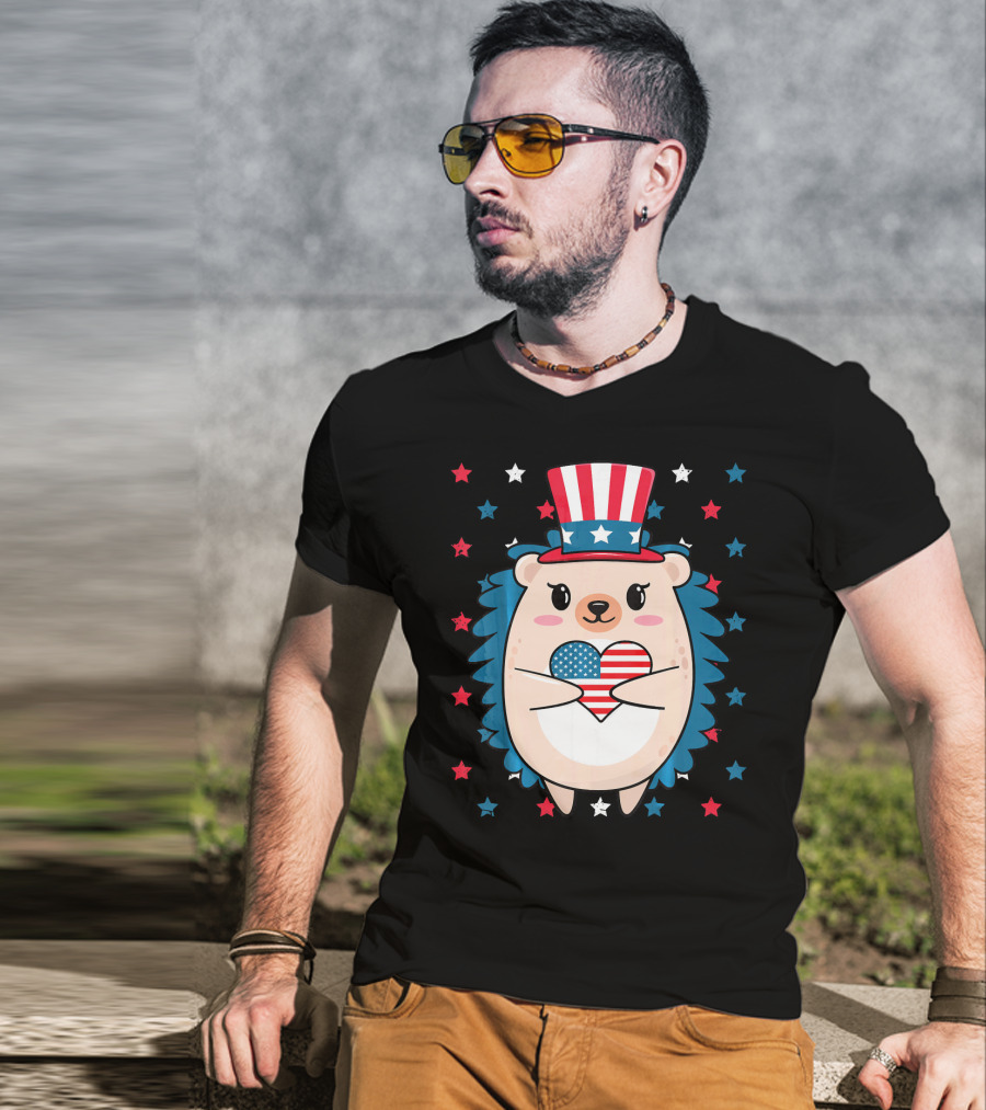 Hedgehog Patriotic Stars Uncle Sam Hat Holding USA Flag Heart T-Shirt