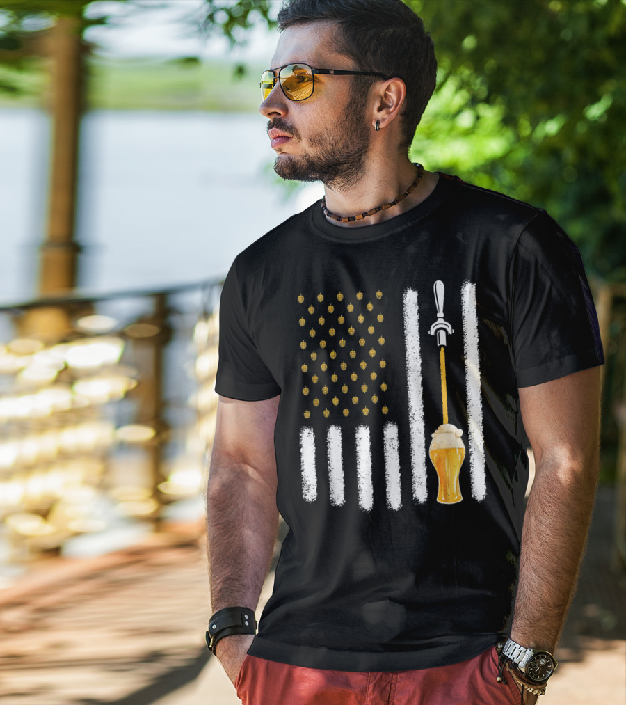 USA Flag Hops Pattern Craft Beer Tap Pouring T-Shirt