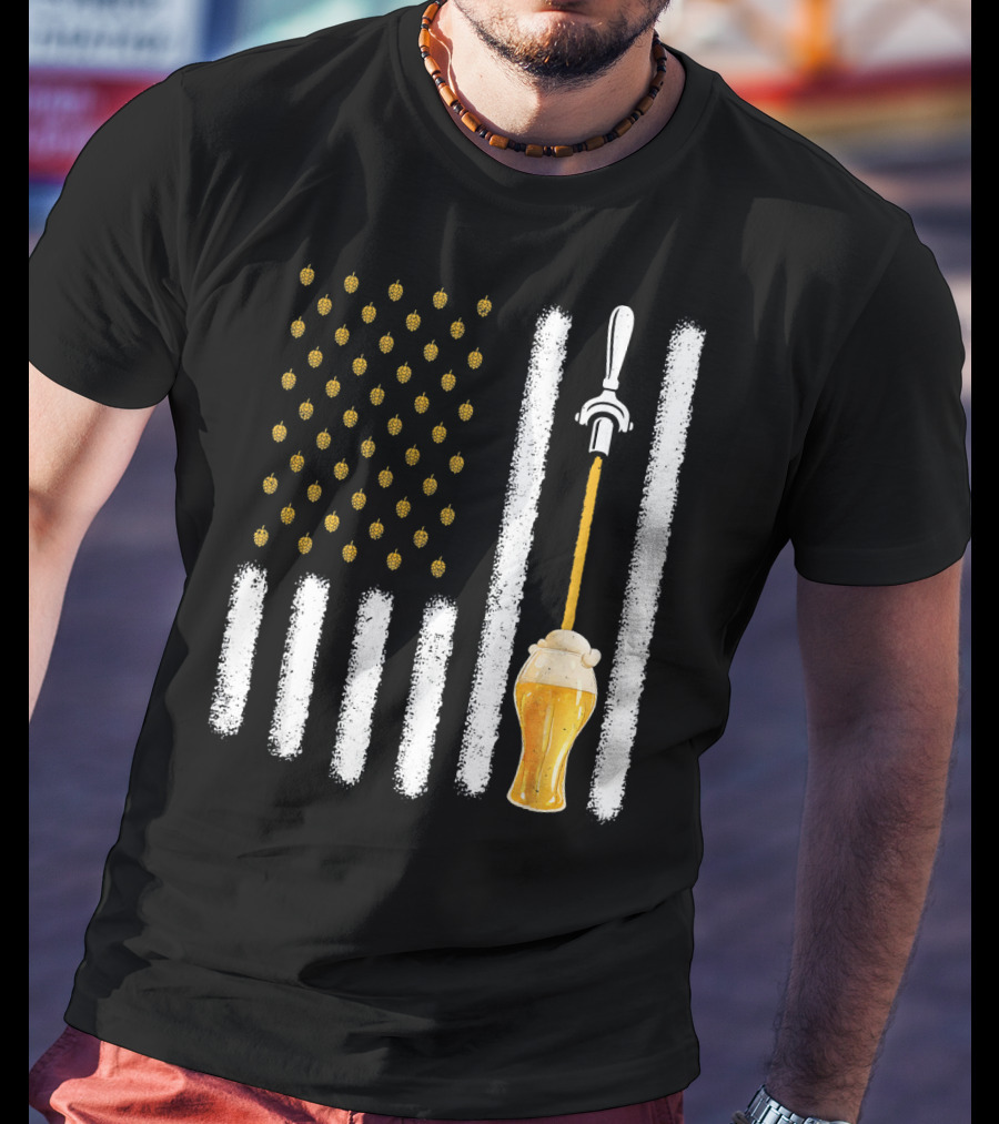 USA Flag Hops Pattern Craft Beer Tap Pouring T-Shirt