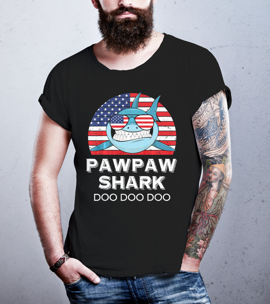 Pawpaw Shark Doo Doo Doo American Flag Sunglasses T-Shirt
