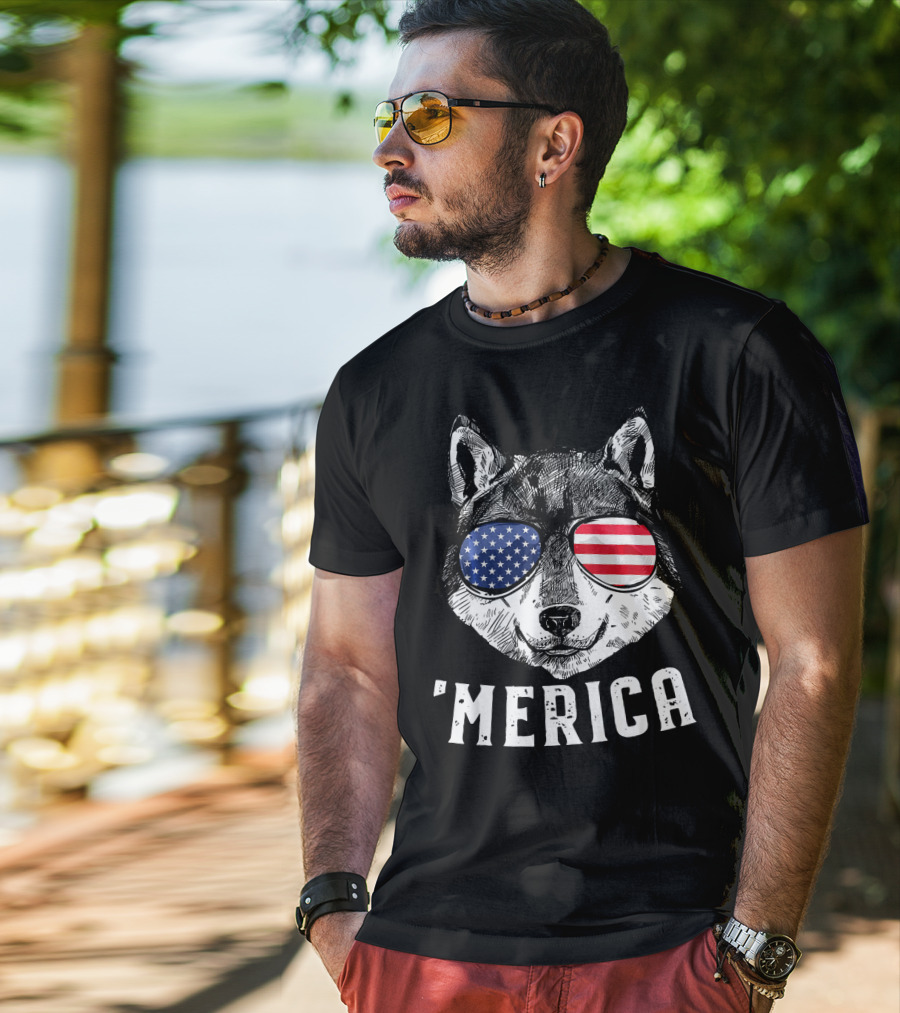 Patriotic Wolf American Flag Sunglasses 'Merica T-Shirt
