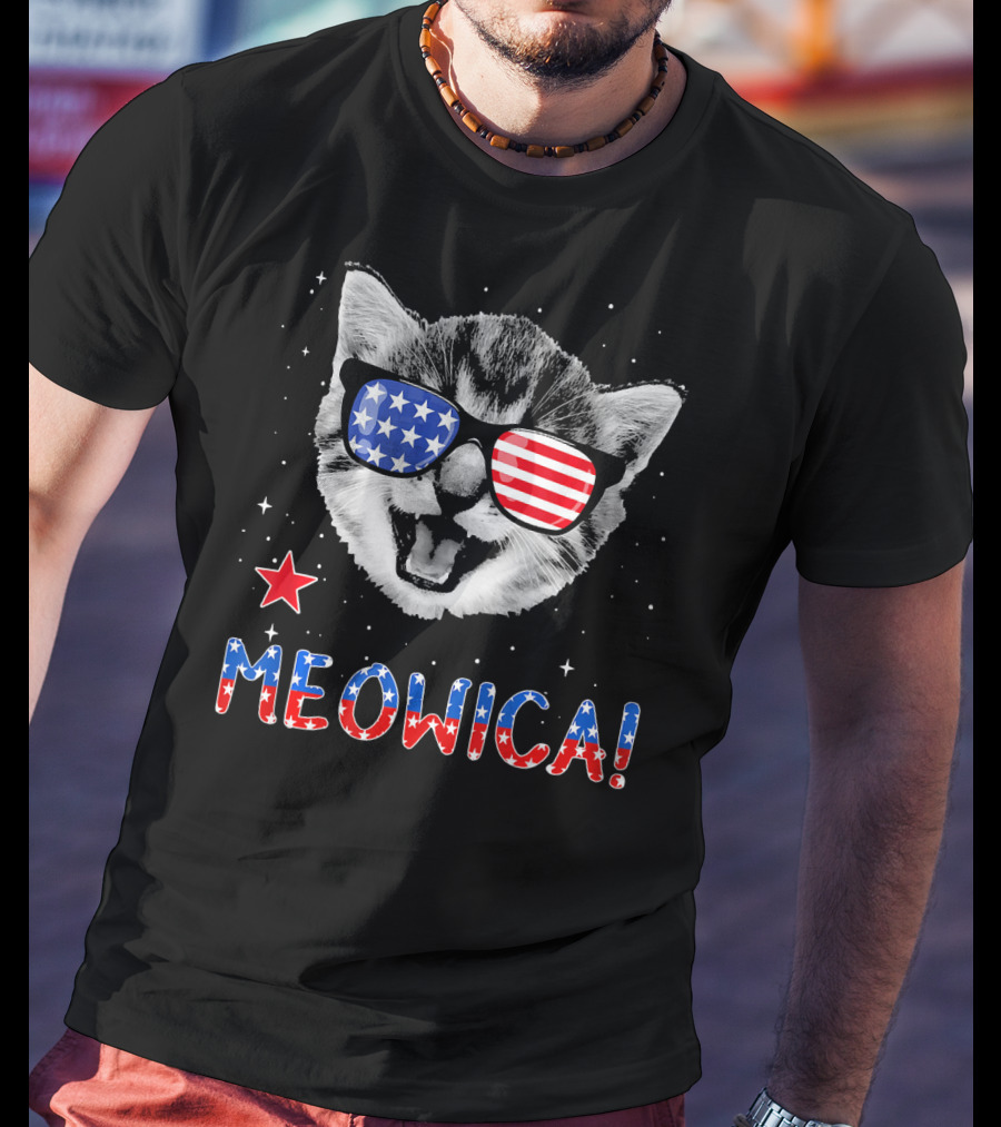 Meowica Cat With American Flag Glasses And Stars T-Shirt