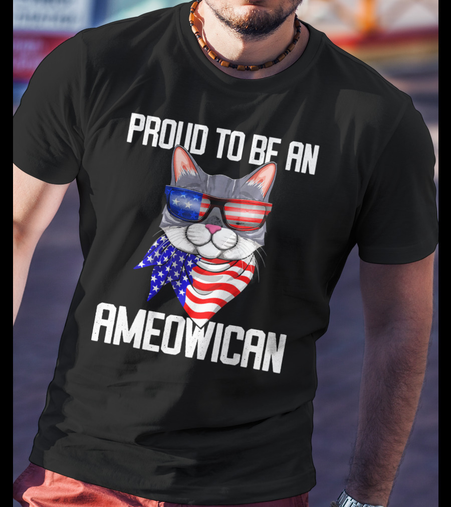 Proud To Be An Ameowican Cat With American Flag Glasses And Scarf T-Shirt