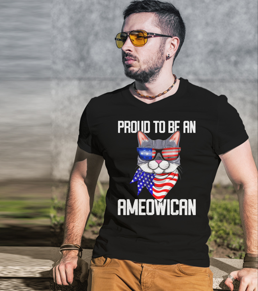 Proud To Be An Ameowican Cat With American Flag Glasses And Scarf T-Shirt