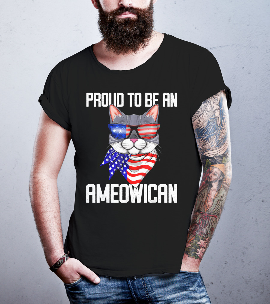 Proud To Be An Ameowican Cat With American Flag Glasses And Scarf T-Shirt