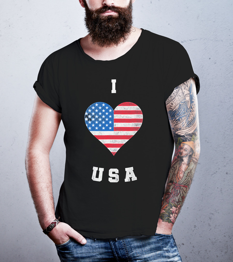 I Heart USA I Love USA America Patriot American Flag Heart T-Shirt