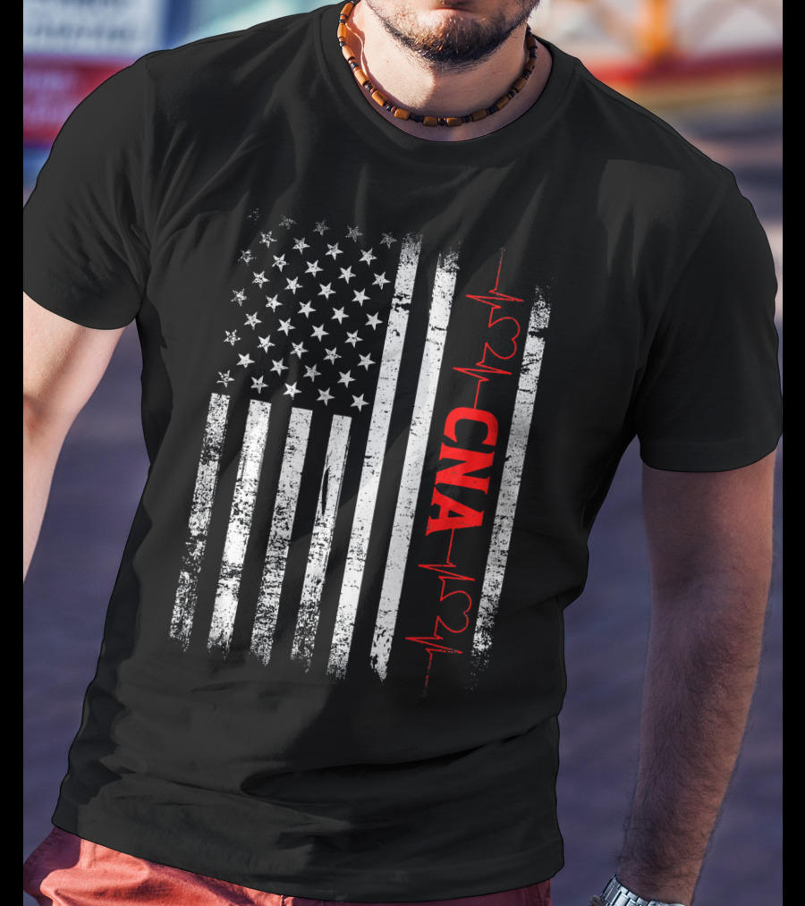 American Flag Heartbeat Red CNA Patriotic Nurse T-Shirt