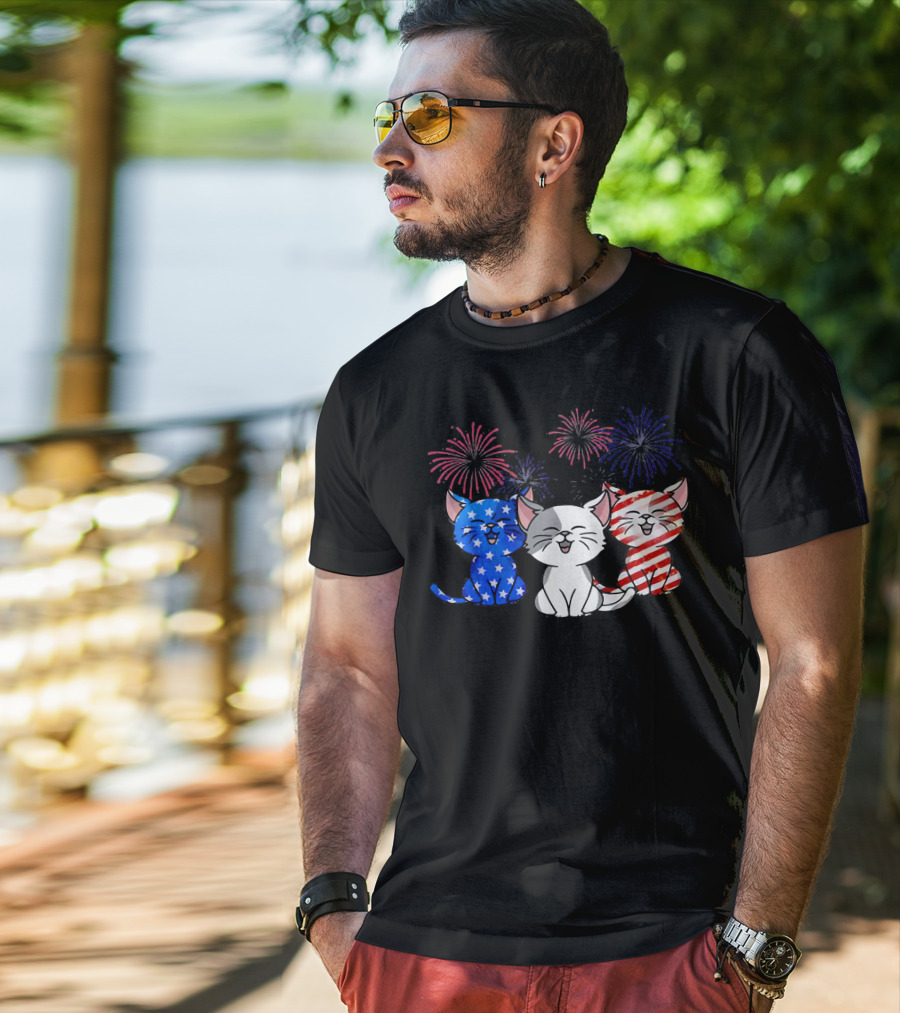 Funny Cat Fourth Of July Fireworks American Flag T-Shirt