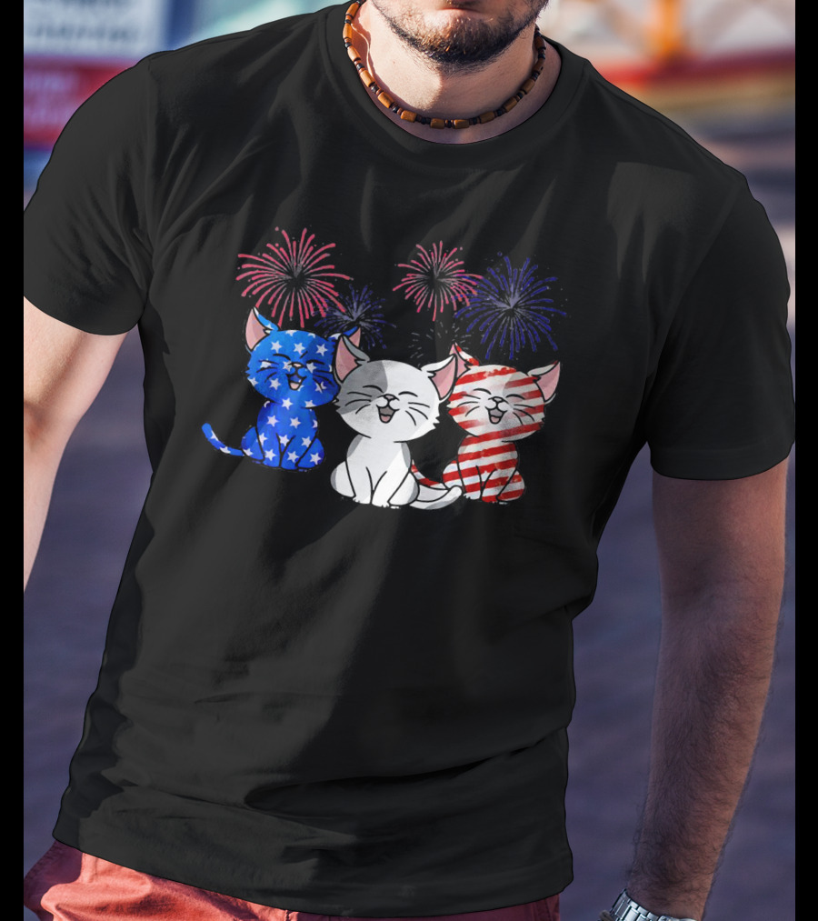 Funny Cat Fourth Of July Fireworks American Flag T-Shirt