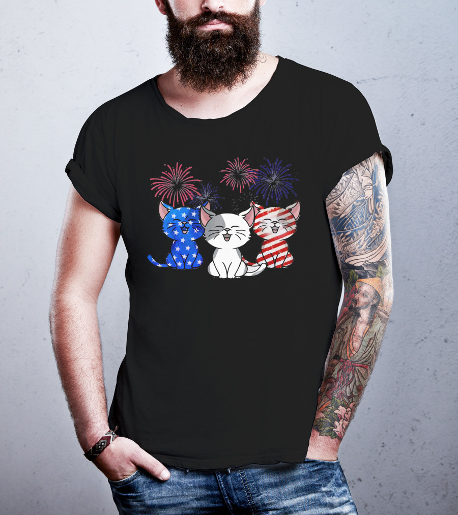 Funny Cat Fourth Of July Fireworks American Flag T-Shirt