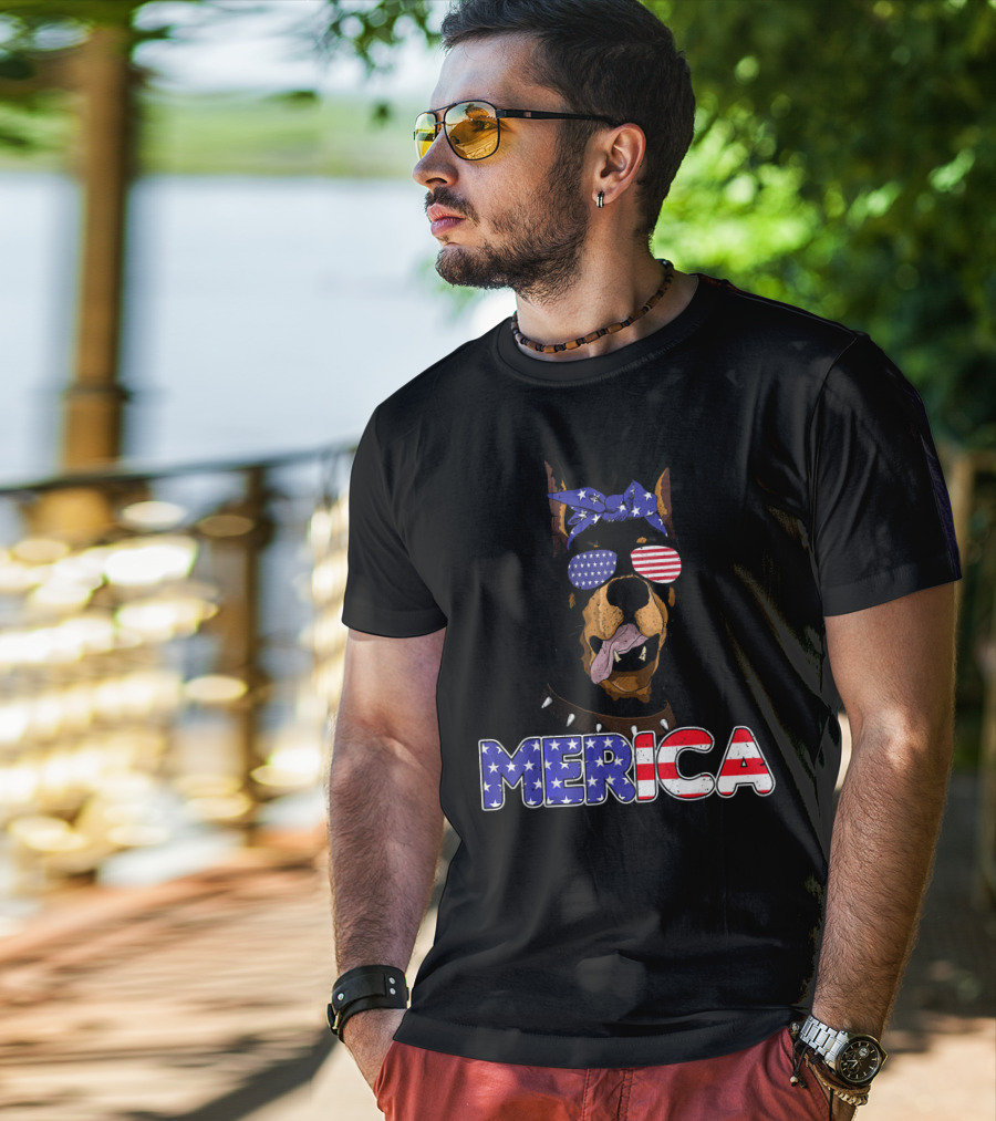 Patriotic Merica Doberman Pinscher With American Flag Bandana And Sunglasses T-Shirt