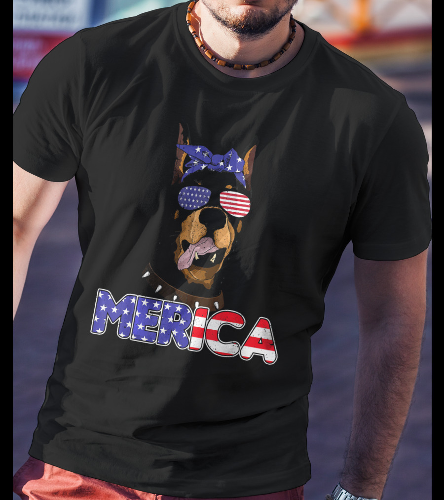 Patriotic Merica Doberman Pinscher With American Flag Bandana And Sunglasses T-Shirt