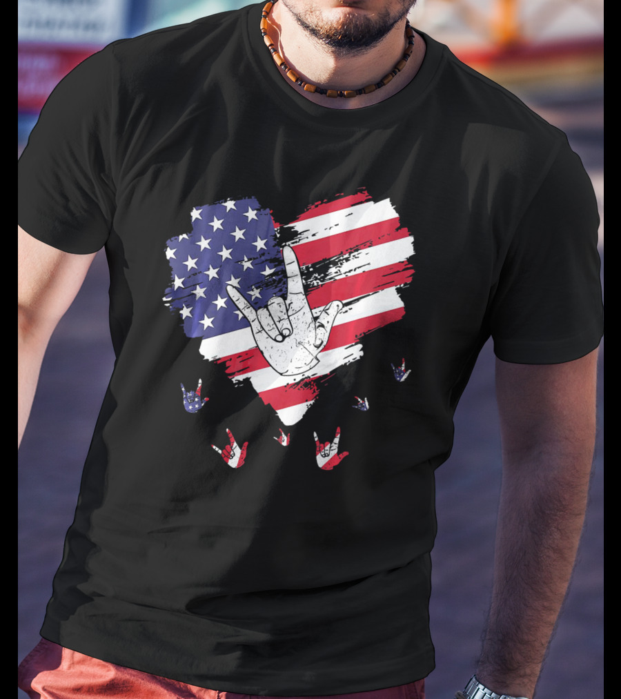 I Love You American Sign Language Hand Shape Heart With USA Flag Colors T-Shirt