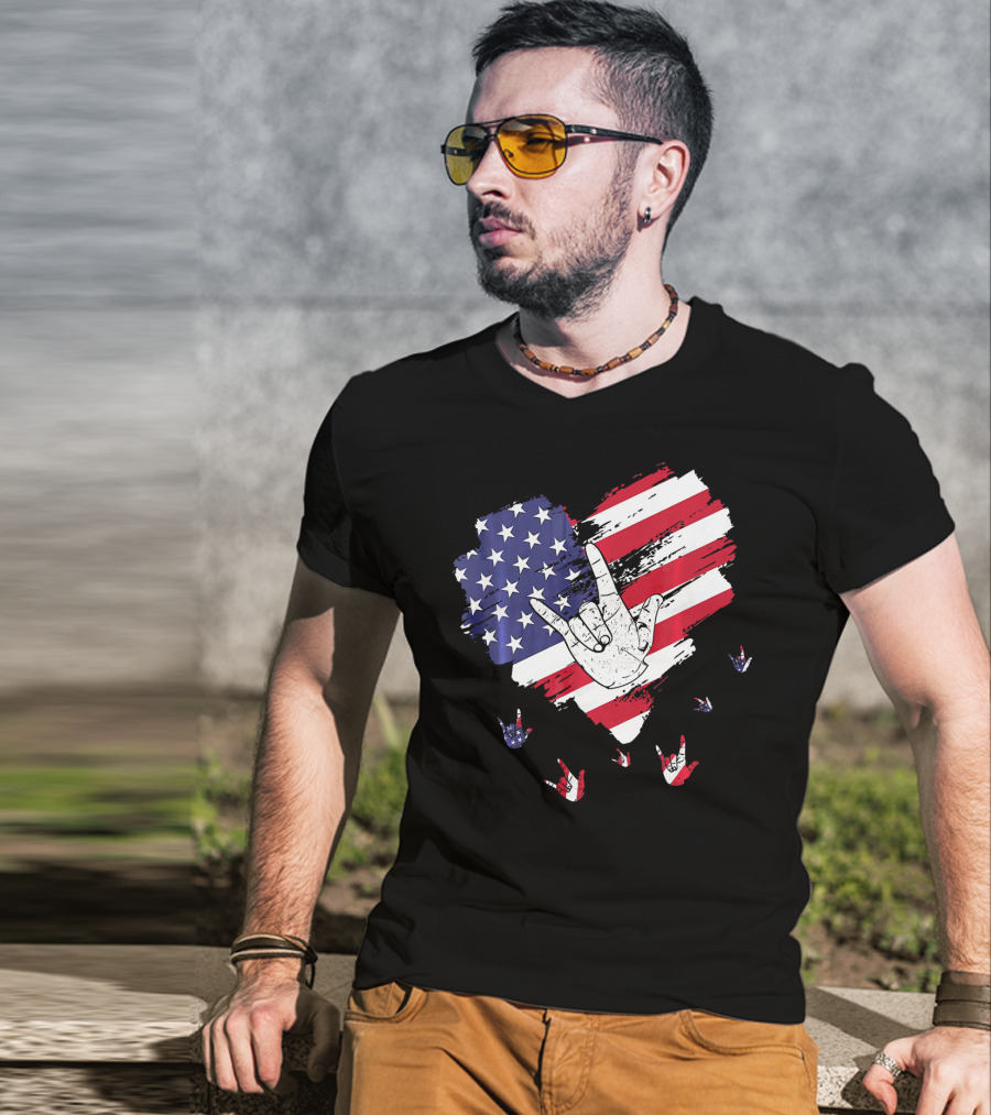 I Love You American Sign Language Hand Shape Heart With USA Flag Colors T-Shirt