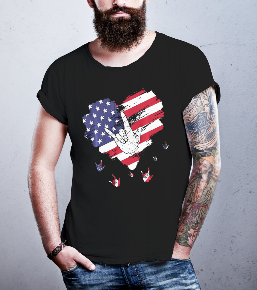I Love You American Sign Language Hand Shape Heart With USA Flag Colors T-Shirt