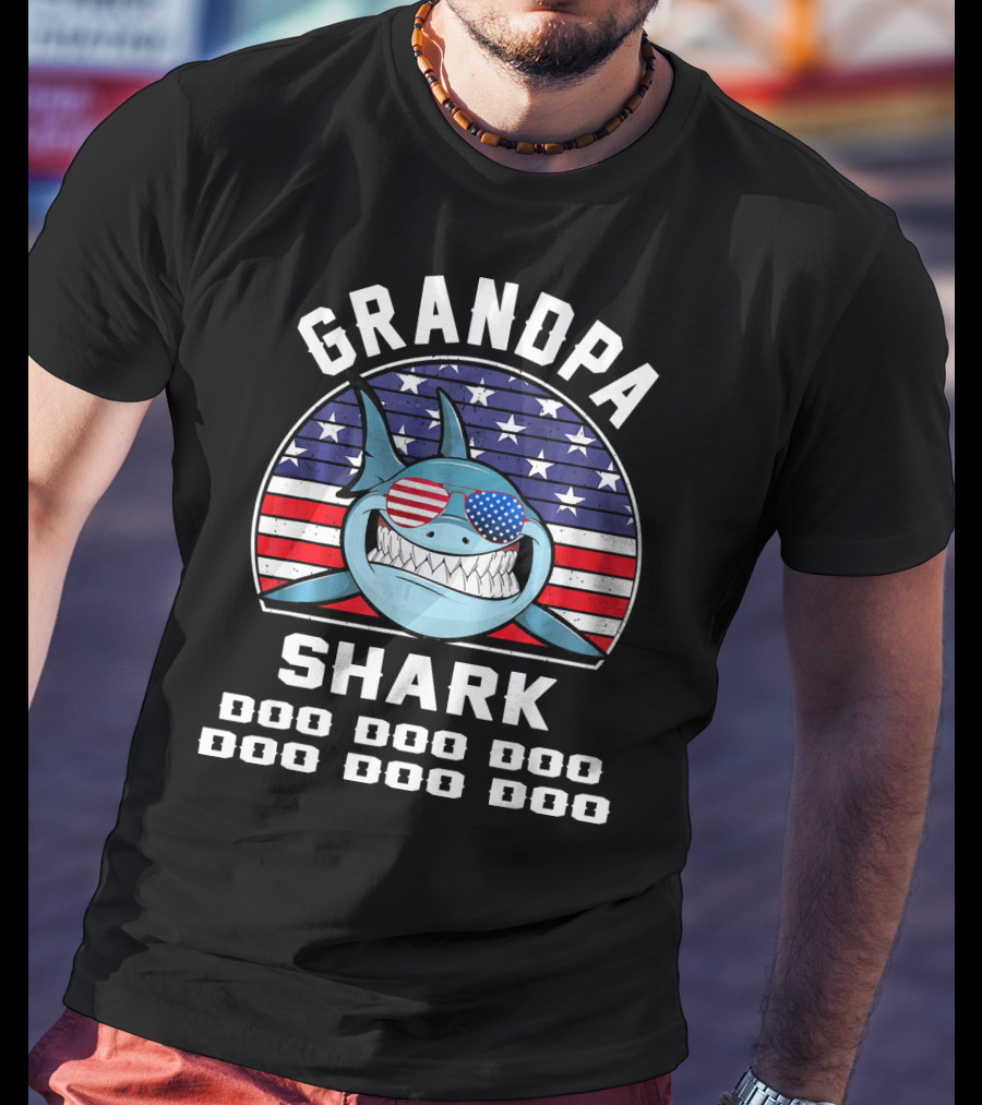 Grandpa Shark Doo Doo Doo American Flag Sunglasses T-Shirt
