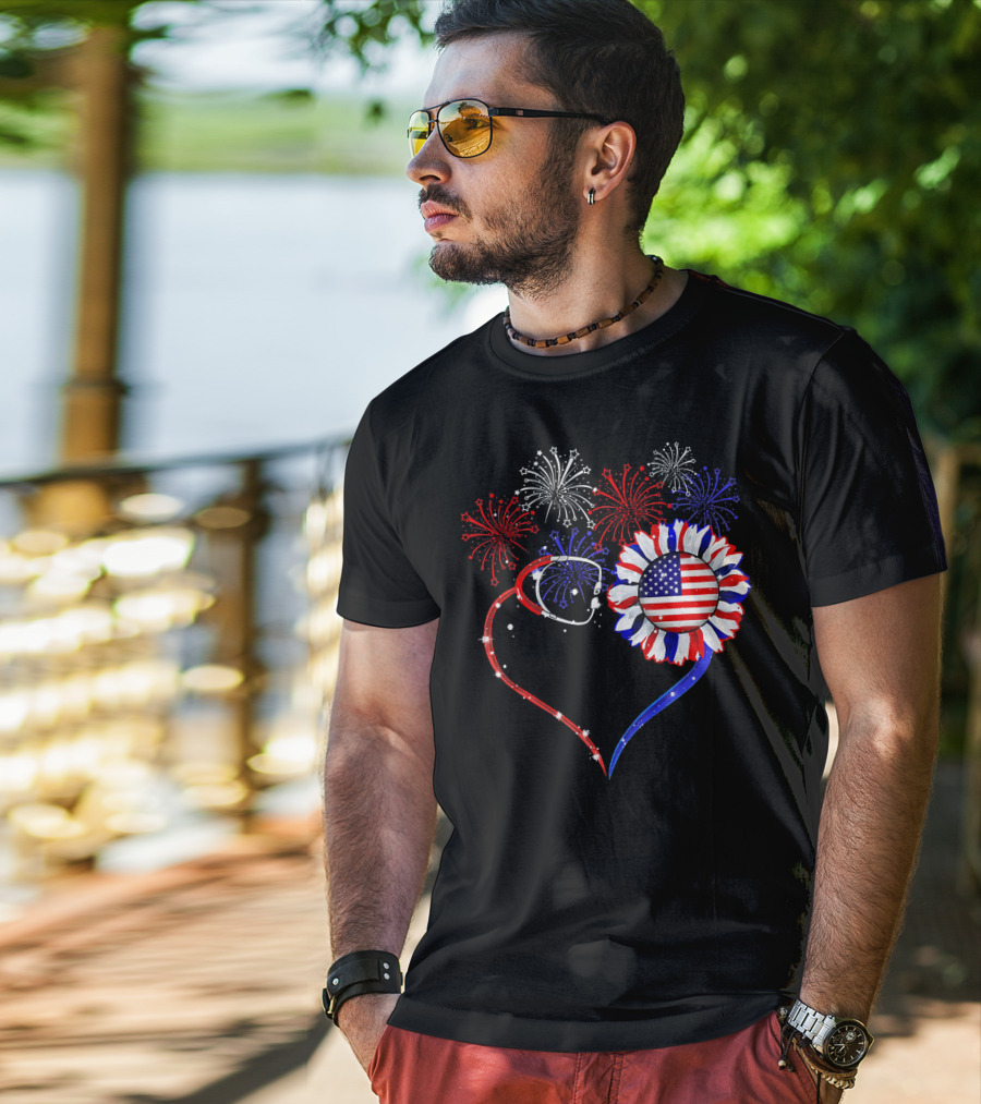 Nurse Heart Stethoscope Sunflower American Flag Fireworks T-Shirt