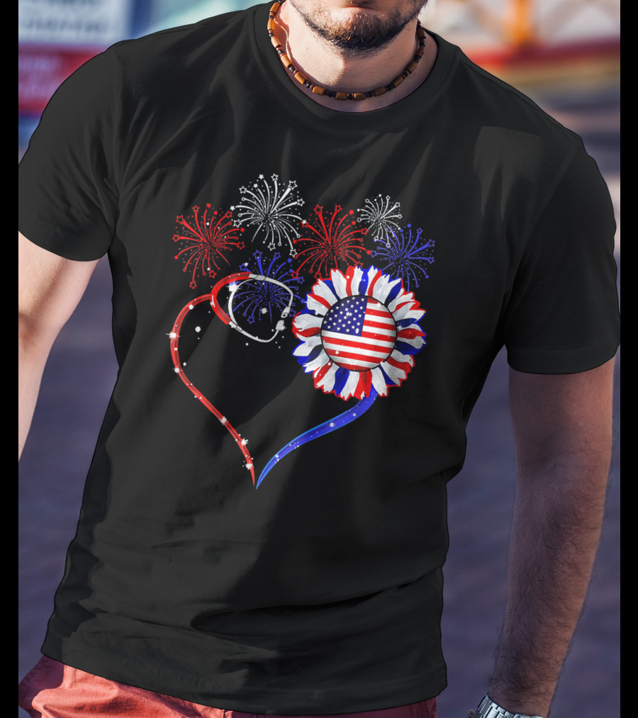Nurse Heart Stethoscope Sunflower American Flag Fireworks T-Shirt