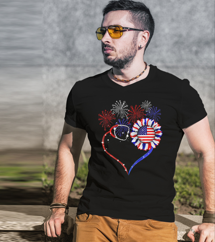 Nurse Heart Stethoscope Sunflower American Flag Fireworks T-Shirt