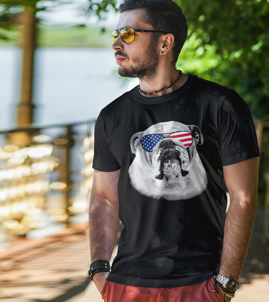 Patriotic Bulldog Dog Merica American Flag Sunglasses T-Shirt