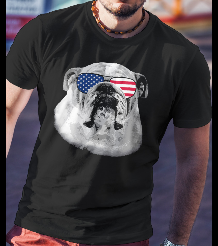 Patriotic Bulldog Dog Merica American Flag Sunglasses T-Shirt