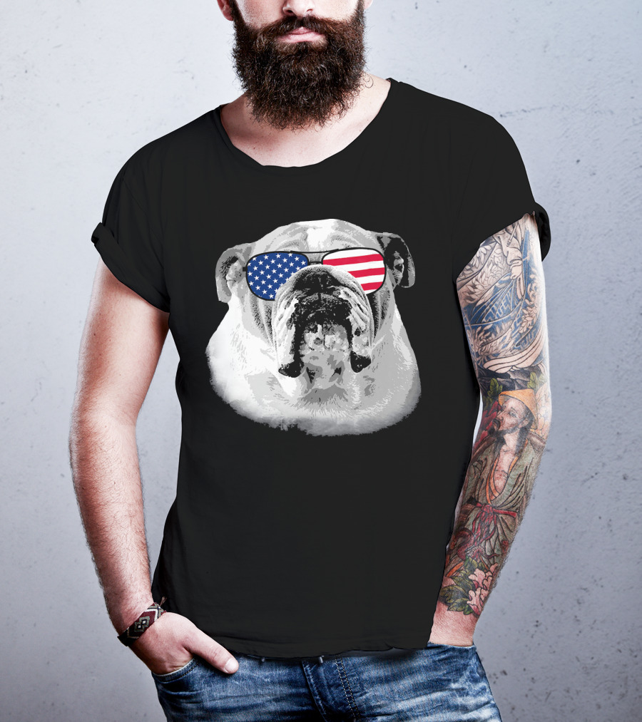 Patriotic Bulldog Dog Merica American Flag Sunglasses T-Shirt