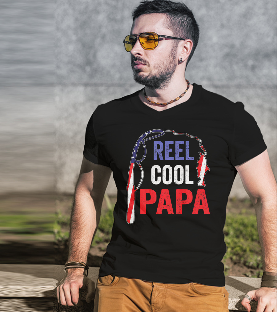 Reel Cool Papa Fishing USA Flag T-Shirt