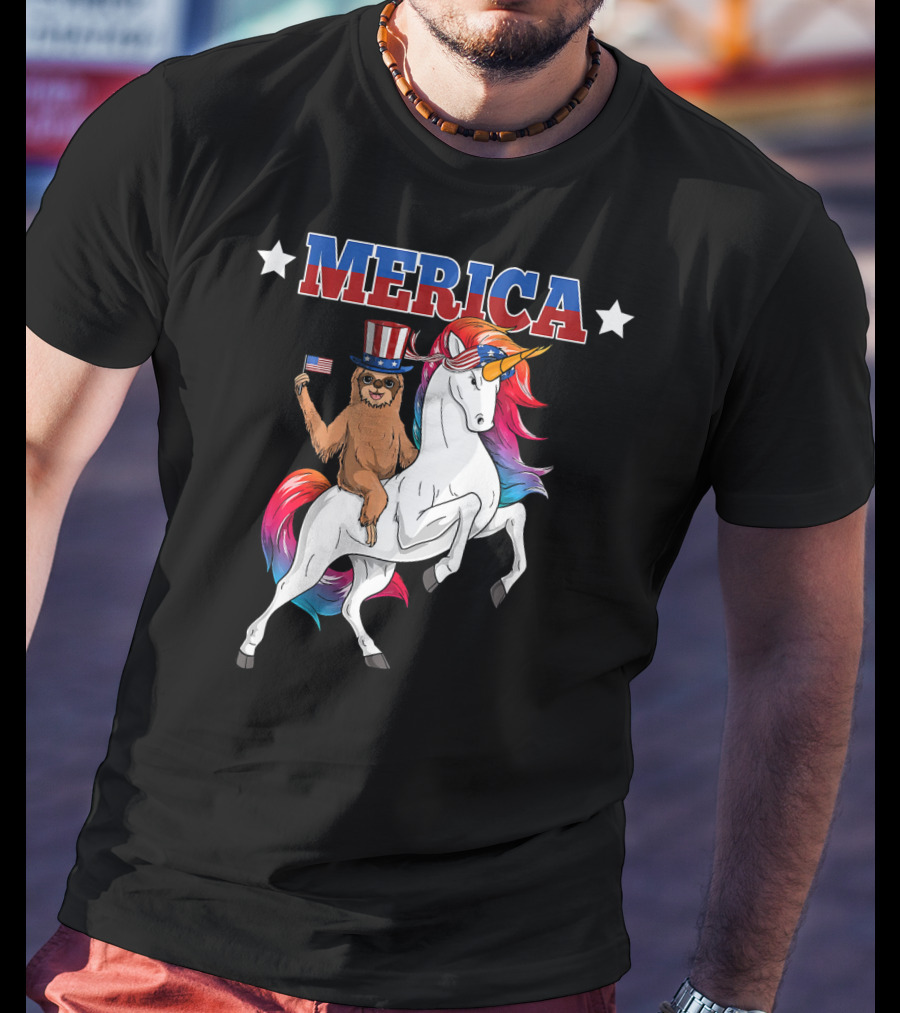Merica Sloth Riding Patriotic Unicorn With USA American Flag T-Shirt