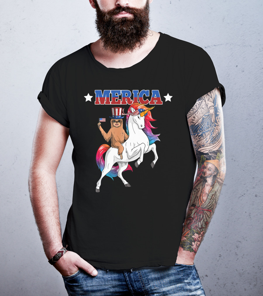 Merica Sloth Riding Patriotic Unicorn With USA American Flag T-Shirt