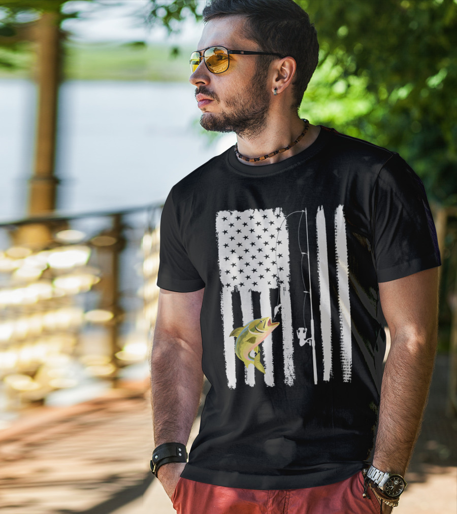 American Flag Fishing Pole With Fish USA Patriotic T-Shirt