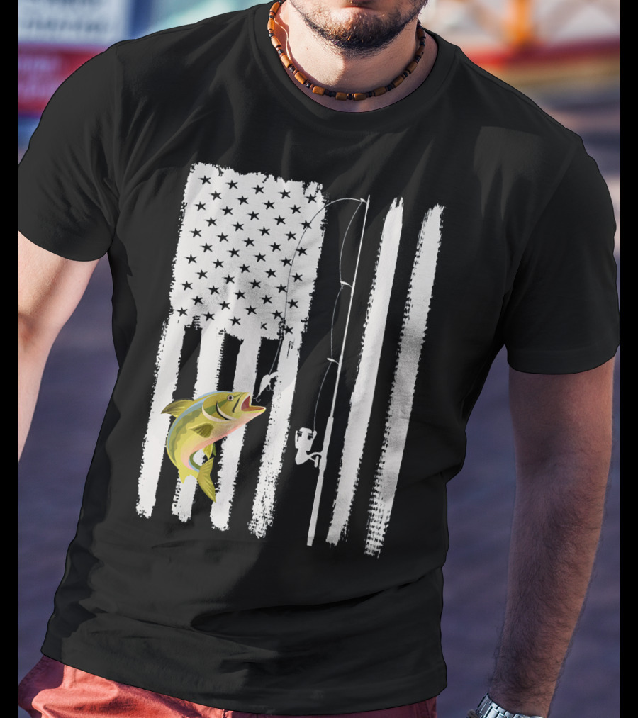 American Flag Fishing Pole With Fish USA Patriotic T-Shirt