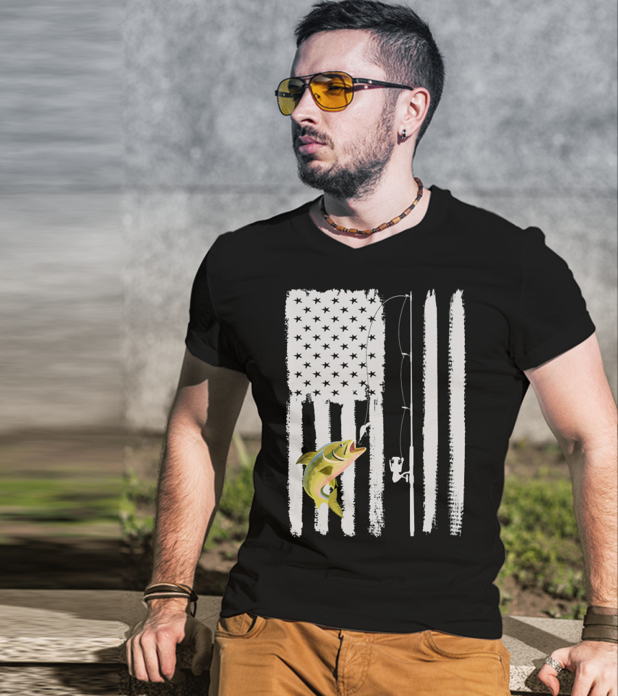 American Flag Fishing Pole With Fish USA Patriotic T-Shirt