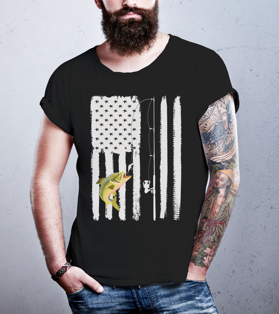 American Flag Fishing Pole With Fish USA Patriotic T-Shirt