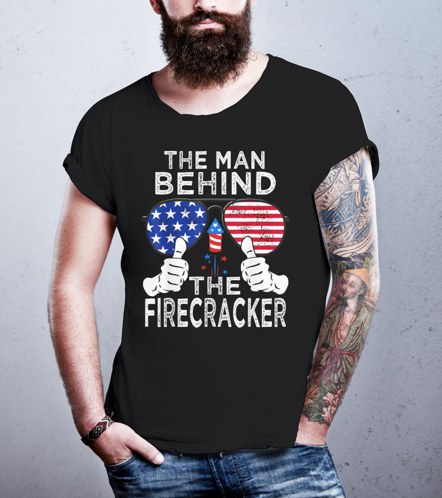 The Man Behind The Firecracker Patriotic Sunglasses Stars Stripes T-Shirt