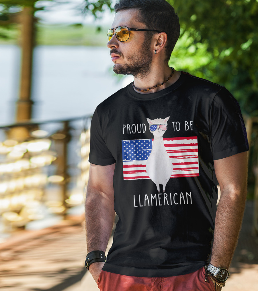 Proud To Be Llamerican Funny Llama With American Flag Sunglasses T-Shirt