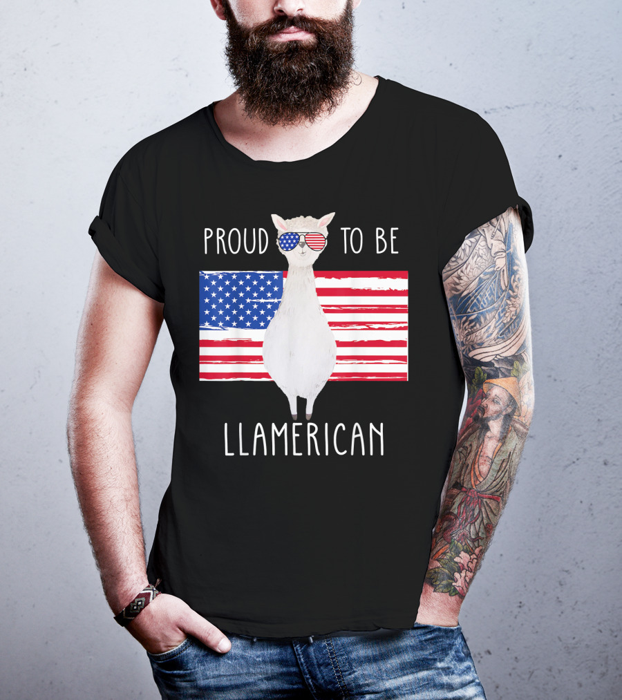 Proud To Be Llamerican Funny Llama With American Flag Sunglasses T-Shirt