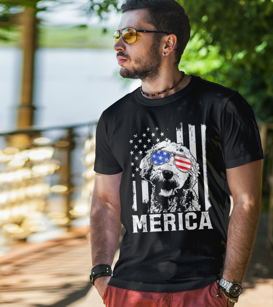 Merica Goldendoodle With American Flag Sunglasses And Stripes T-Shirt