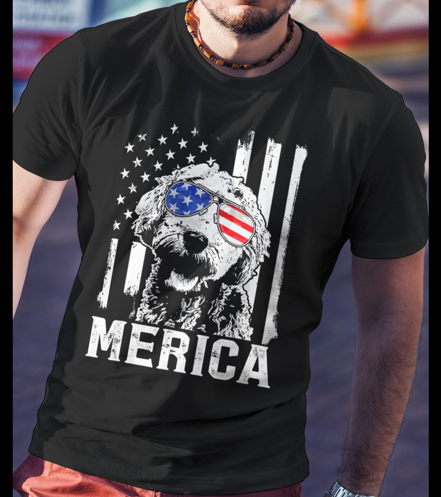 Merica Goldendoodle With American Flag Sunglasses And Stripes T-Shirt