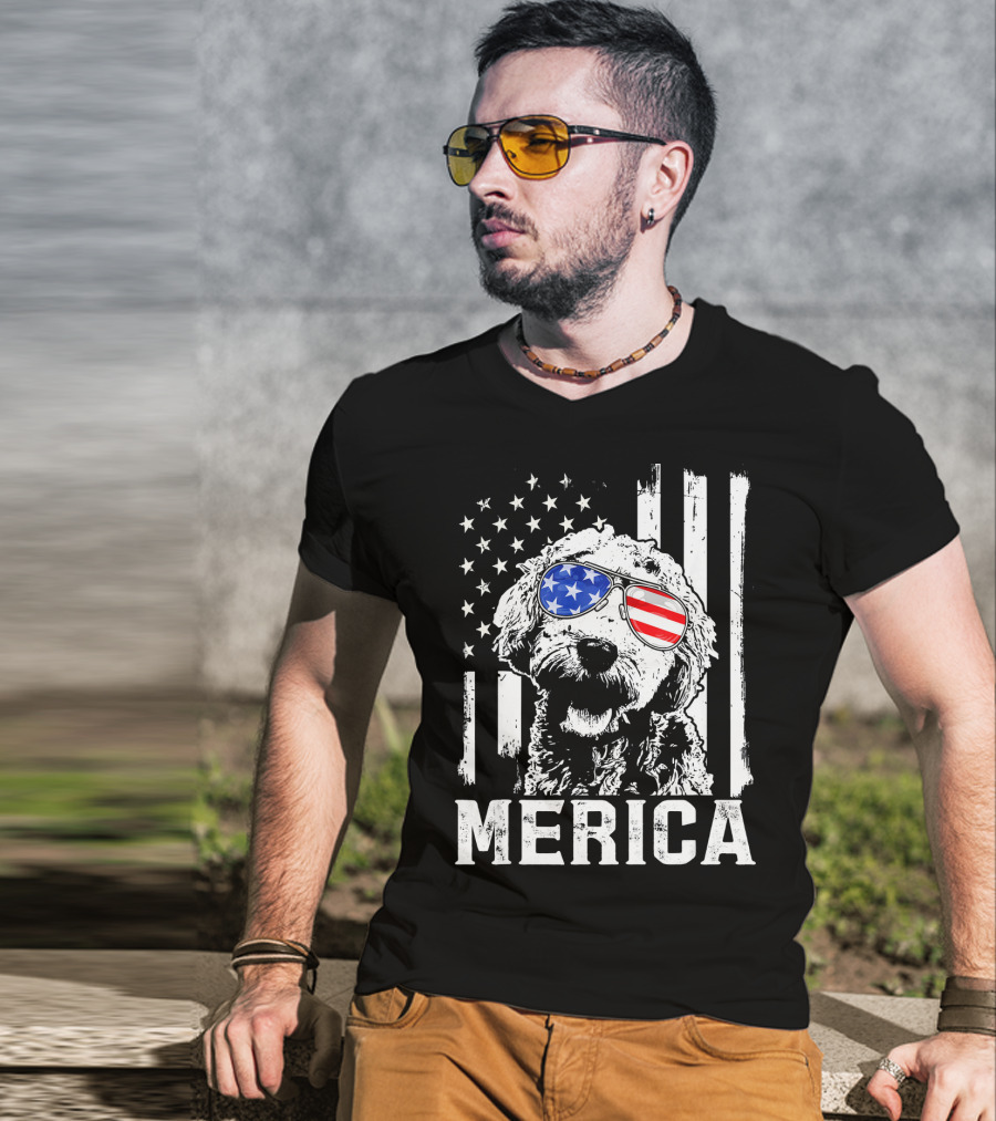 Merica Goldendoodle With American Flag Sunglasses And Stripes T-Shirt